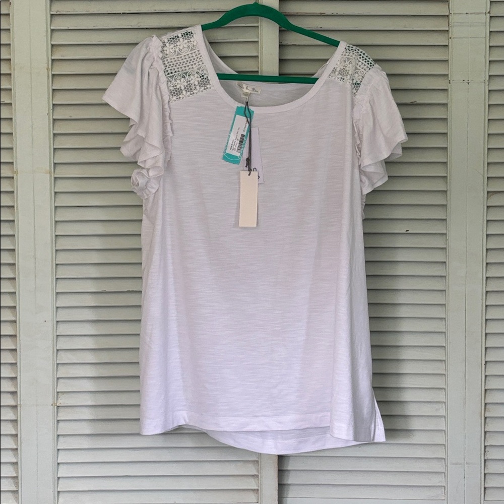 Women’s White Ruffle Sleeve Knit Top with Lace Detail